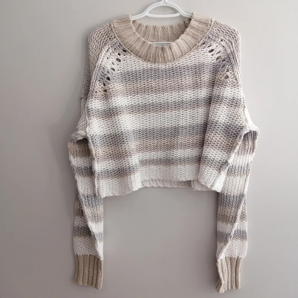 Free People Devon Open Knit Crewneck Cropped Sweater Neutral Stripes Medium - Picture 3 of 14